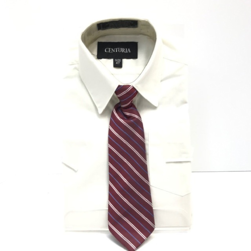 Centuria Boys Cream Dress Shirt Burgundy Powder Blue Cream Clip-on Tie Size 4T